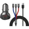 Baseus Digital Display Dual USB 4.8A Car Charger 24W with Three Primary Colors 3-in-1 Cable USB 1.2M Black Suit Grey