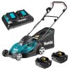 Makita DLM432PT2  2X18V, 43cm, 2X5,0Ah Li-ion DC18RD, 3 in 1 (Pļaušana/savākšana/sasmalcināšana) Akumulatora mauriņa pļaujmašīna