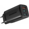 Axagon GaN wallcharger <240V / 3x port (USB + dual USB-C), PD3.0/QC4+/PPS/Apple. 65W total power.
