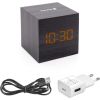 Evelatus EMC02 Digitāls koka kuba Pulkstenis Modinātājs ar termometru + USB adapteris Melns