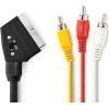 Nedis SCART kabelis no 21pin SCART kontaktdakšas uz 1 phono kontaktdakšu (video) un 2 phono kontaktdakšām (audio) ar IN/OUT slēdzi 2 m