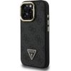 Guess PU 4G Strass Triangle Logo Stand Camera Frame MagSafe Case Aizsargapvalks priekš iPhone 15 Pro / melns Neoriģinālie Maciņi