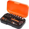 Bahco 1/4" Square Drive Socket and Bit Set with Metric Hex Profile and Ratcheting Bit Holder - 34 Pcs Atslēgu komplekti