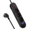Maclean power strip, 3-socket extension cable + 3xUSB, 110-240V AC 50/60Hz, 2.1A max 2500W, 1.5m, black, MCE394 B Strāvas pagarinātāji