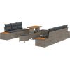 Vidaxl 10-elementowy zestaw sof ogrodowych z poduszkami Szary Polirattan Akacja, 2-osobowa sofa ogrodowa z przechowalnią i poduszkami Szary Polirattan, 3-elementowy zestaw jadalniany ogrodowy z poduszkami Szary Polirattan Akacja Dārza mēbeļu komplekti