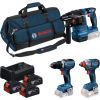Bosch Powertools 18V professional set hammer drill GBH 18V-22 + drill driver GSR 18V-65 + impact wrench GDX 18V-285 (blue/black, 3x Li-ion battery 5.0 Ah, tool bag) Jaunumi -Dārzam