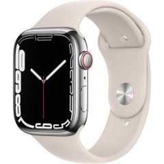 Apple Watch 7 GPS + Cellular 45mm Stainless Steel Sport Band, silver/starlight (MKJV3EL/A)