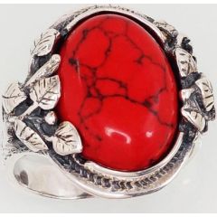 Серебряное кольцо #2101199(POX-BK)_COX, Серебро	925°, оксид (покрытие), Коралл (Имитация) , Размер: 20, 8.9 гр.