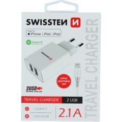 Swissten Smart IC Tīkla Lādētājs 2x USB 2.1A Ar Lightning MFI (MD818) vadu 1.2 m Balts