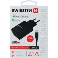 Swissten Smart IC Tīkla Lādētājs 2x USB 2.1A Ar Lightning MFI (MD818) vadu 1.2 m Melns