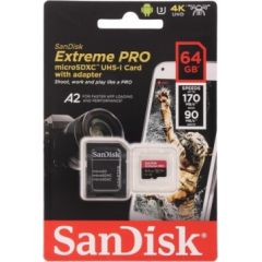 SANDISK Extreme PRO 64GB microSDXC + SD Adapter + 2 years RescuePRO Deluxe up to 200MB/s & 90MB/s Read/Write speeds A2 C10 V30 UHS-I U3