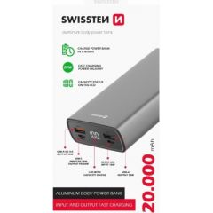 Swissten Aluminium Power Banka Ārējās Uzlādes Baterija 2xUSB / USB-C / Micro USB / 20W / 20000 mAh
