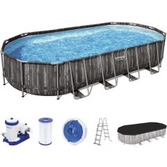 Bestway Power Steel Frame Pool Set, 732 cm x 366 cm x 122 cm, swimming pool (dark brown/blue, wood decor, with filter pump)