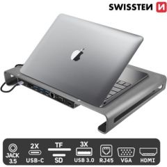 Swissten Многофункциональный Док USB-C станция для портативного компьютера / HDMI / USB 3.0 / 2x USB-C / RJ45 / SD / Micro SD / VGA / Audio / Серый