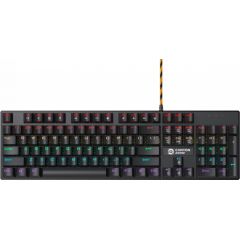 Canyon Wired black Mechanical keyboard With colorful lighting system104PCS rainbow backlight LED,also can custmized backlight,1.8M braided cable length,rubber feet,English layout double injection,Numbers 104 keys,keycaps,0.7kg, Size 429*124*35mm