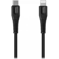 CANYON MFI-4, Type C Cable To MFI Lightning for Apple, PVC Mouling,Function：with full feature( data transmission and PD charging) Output:5V/2.4A , OD:3.5mm, cable length 1.2m, 0.026kg,Color:Black