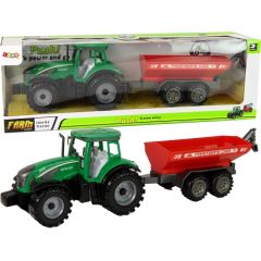 Zaļš traktors ar sarkanu piekabi