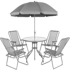 Saska Garden Dārza mēbeļu komplekts, galds, 4 krēsli un tumši pelēks lietussargs