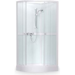 dušas kabīne Simple, 900x900 mm, h=2050, r=550, komplektā paliktnis, sifons un maisītājs, balts/caur