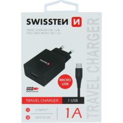 Swissten Travel Tīkla lādētājs Smart IC USB 1A + kabelis USB / Micro USB 1.2m Telefonu lādētāji 220v