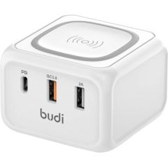 Inductive charger 10W Budi 317TE, 2x USB + USB-C, 18W (white)