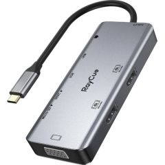 Hub 9in1 RayCue USB-C to 2x USB-A 3.0 5Gbps + 2x SD/TF 3.0 + 2x HDMI 4K30Hz + VGA 1080p + jack 3.5mm + PD 3.0 100W (gray)