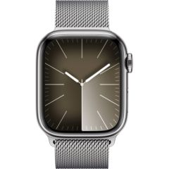 Apple Watch Series 9, Smartwatch (silver/silver, stainless steel, 41 mm, Milanese bracelet, cellular)