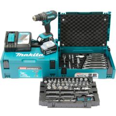 Makita cordless impact drill DHP482JX13, 18V (blue/black, 2x Li-Ion battery 3.0Ah, MAKPAC, 120-piece tool set)