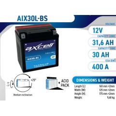 31.6Ah 400A Axcell AGM tehnoloģijas bezapkopes moto akumulators 165x125x175 12V