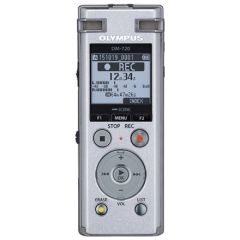 Olympus Digital Voice Recorder DM-720 Stereo/Tresmic, PCM/MP3, 18mm round dynamic speaker/ 150mW, Rechargeable, Microphone connection, MP3 playback, Silver,