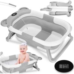 Bērnu vannīte Springos SB0062, silikona, ar aizbāzni un termometru, 27,5 L, pārnēsājama, balti-pelēka Mazuļu vannas, vannošanas piederumi