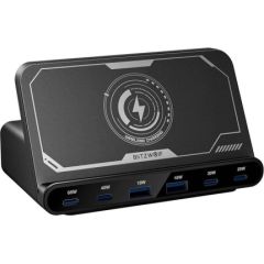 Blitzwolf BW-S27 160W, 2xUSB-A, 4xUSB-C, 15W wireless charger (black) Bezvadu telefonu lādētāji