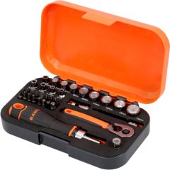 Bahco 1/4" Square Drive Socket and Bit Set with Metric Hex Profile and Ratcheting Bit Holder - 34 Pcs Atslēgu komplekti