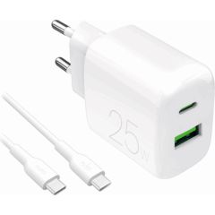 Wall Charger 1xUSB-A, 1xUSB-C, 25W with Cable USB-C to USB-C, 1,2m, by Puro White Новинки смартфонов и телефонов