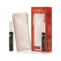Set L'Oreal Paris: Textile Makeup Bag, Cream + Voluminous X5, Volumizing, Mascara, Extra Black, 7.5 ml Dekoratīvā kosmētika