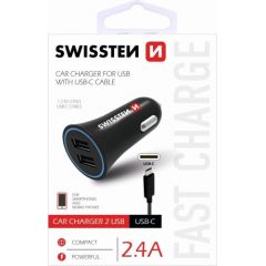 Swissten Premium Auto Lādētājs 12 / 24V / 1A + 2.1A + USB-C Datu Kabelis 100 cm Melns