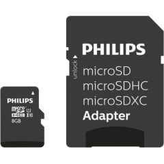 Philips MicroSDHC 8GB class 10/UHS 1 + Adapter Atmiņas kartes micro SD SDHC
