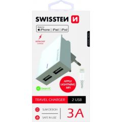 Swissten MFI Premium Apple Сертифицированное Зарядное устройство USB 3А / 15W С проводом Lightning (MD818) 120 см Белое