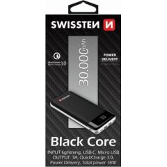 Swissten Black Core Premium Recovery Power Banka Uzlādes batereja 2.1A / USB / USB-C / 30000 mAh Melna