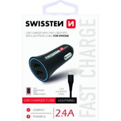 Swissten Премиум Автомобильная зарядка 12 / 24V / 1A+ 2.1A + кабель Lightning 100 cm Черная