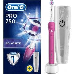 Oral-B Toothbrush with Travel case PRO 750  For adults, Rechargeable, Operating time 1 charge/1 week of regular cleaning (2 times a day for 2 min) min, Teeth brushing modes 1, Number of brush heads included 1, Pink/White