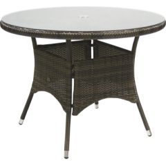 Galds WICKER, D100xH71cm, galda virsma: caurspīdīgs stikls, rāmis: alumīnijs ar plastikāta pinumu, krāsa: tumši brūns