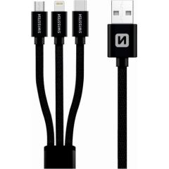 Swissten Textile Universal 3in1 USB-C / Lightning Data MFI / MircoUSB kabelis 1,2 m melns