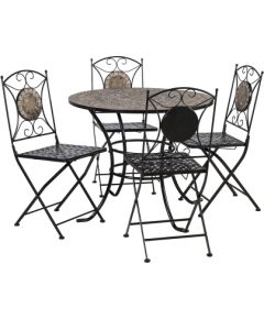 Dārza mēbeļu komplekts MOSAIC galds un 4 krēsli (38666), mozaīkas flīzes, metāla rāmis, krāsa: melns rāmis/brūnas flīzes