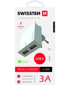 Swissten Premium Tīkla Lādētājs USB 3А / 15W Ar USB-C vadu 120 cm Balts