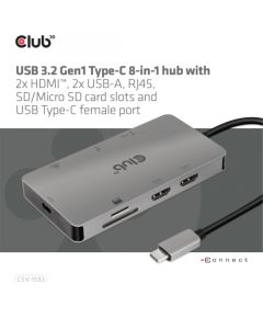 Club 3d CLUB3D USB 3.2 Gen1 Type-C 8-in-1 hub with 2x HDMI, 2x USB-A, RJ45, SD/ Micro SD card slots and USB Type-C female port