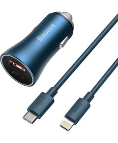 Baseus Golden Contactor Pro car charger, USB + USB-C, QC4.0+, PD, SCP, 40W (blue) + USB-C - Lightning cable 1m (blue)