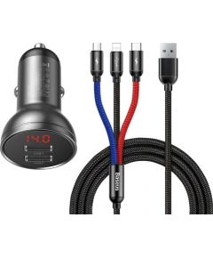 Baseus Digital Display Dual USB 4.8A Car Charger 24W with Three Primary Colors 3-in-1 Cable USB 1.2M Black Suit Grey