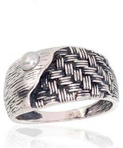 Серебряное кольцо #2101704(POx-Bk)_PE, Серебро	925°, оксид (покрытие), Жемчуг , Размер: 18.5, 4.7 гр.