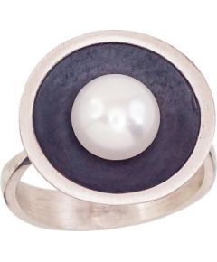 Серебряное кольцо #2101572(Matt+POx-MattBk)_PE, Серебро	925°, оксид (покрытие), Жемчуг , Размер: 18, 4.8 гр.